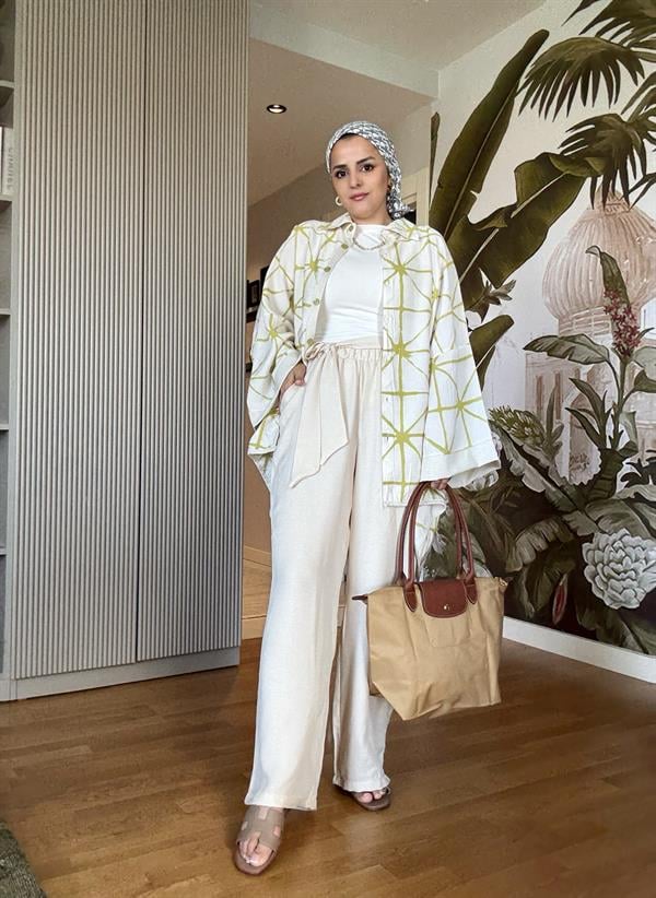 Çizgili Pamuk Keten Kimono Takım | Yazlık Rahat Tesettür İkili Takım Yağyeşil