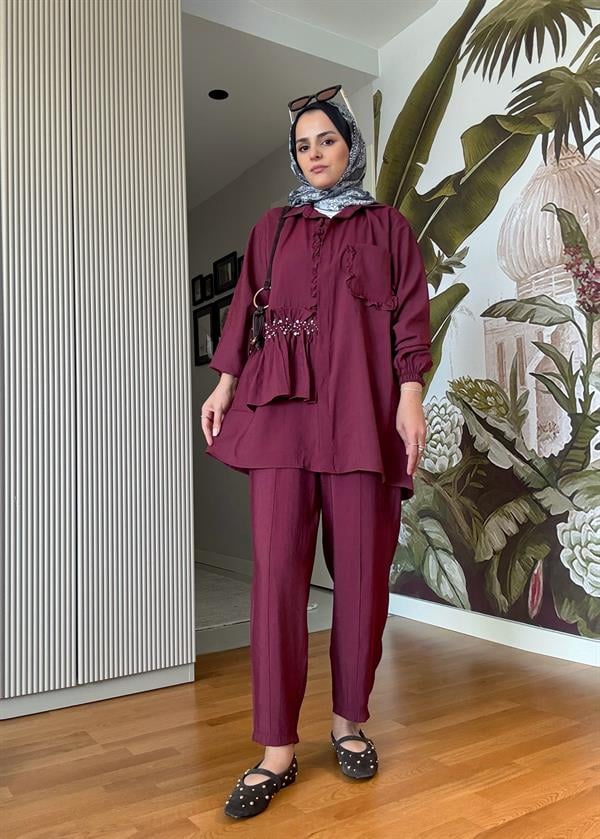 İncili Taşlı Tensel İkili Gömlek Takım Bordo