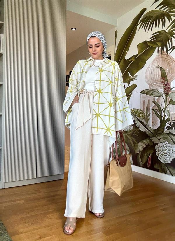 Çizgili Pamuk Keten Kimono Takım | Yazlık Rahat Tesettür İkili Takım Yağyeşil
