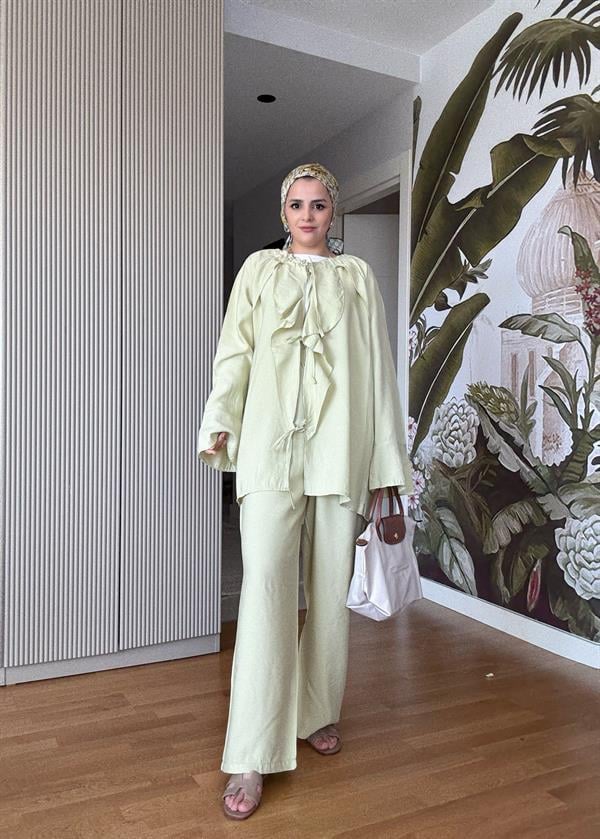 Fırfırlı Pamuklu Kimono Takım – Yazlık Dökümlü İkili Takım Yeşil