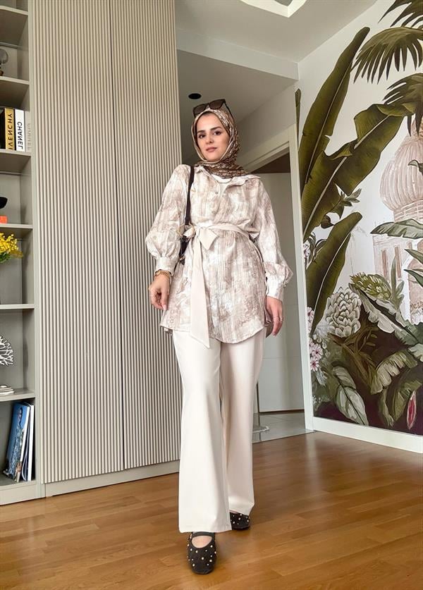 Bella Pamuklu Gömlek Desenli Krep  Pantolon Takım Bej