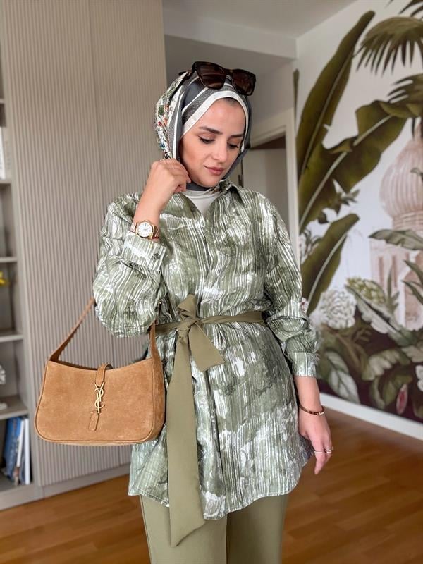 Bella Pamuklu Gömlek Desenli Krep  Pantolon Takım Yeşil