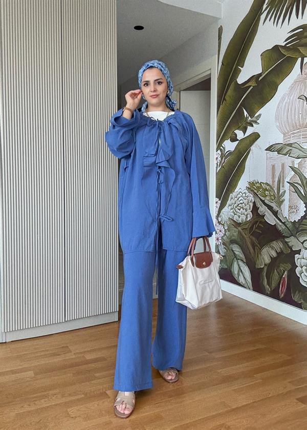 Fırfırlı Pamuklu Kimono Takım – Yazlık Dökümlü İkili Takım İndigomavi