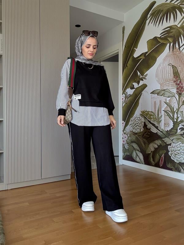 Modal Kumaş Gömlek Detaylı Tesettür İkili Takım - Rahat Kombin Siyah