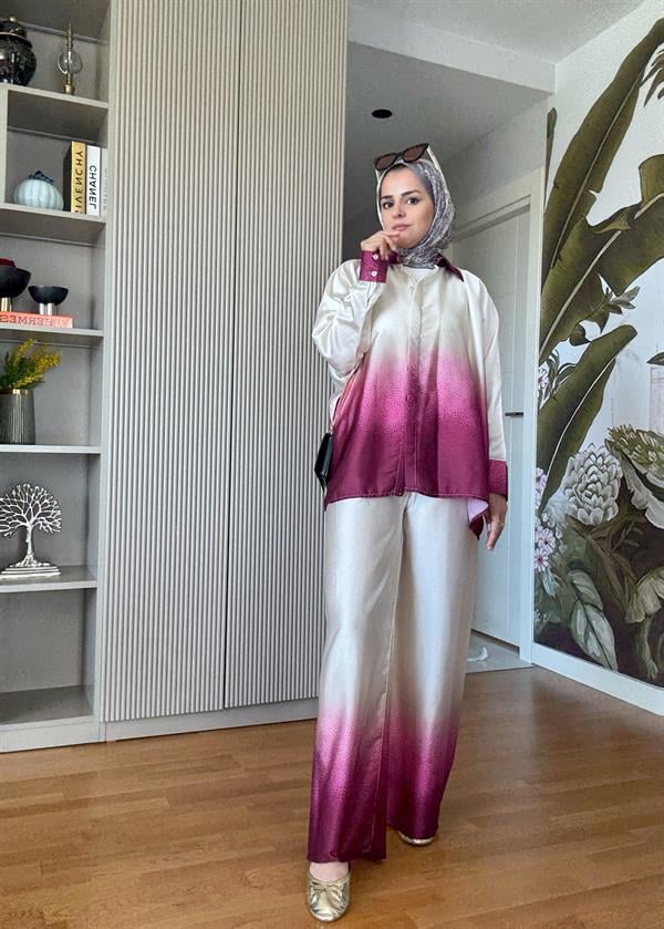 Saten Gömlek Renk Geçişli İkili Takım Pembe
