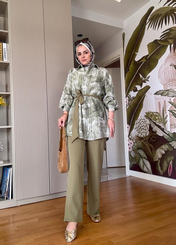 Bella Pamuklu Gömlek Desenli Krep  Pantolon Takım Yeşil