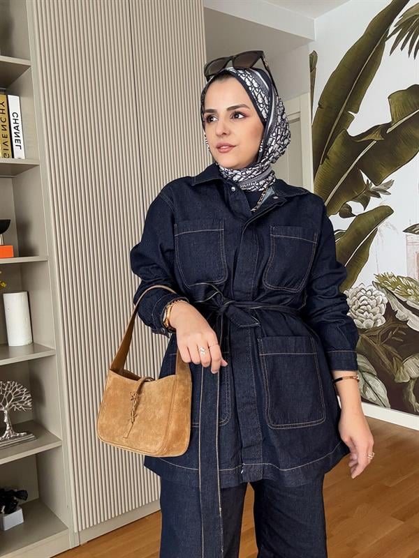 Cepli Denim Kuşaklı Ceket Takım Koyu Mavi