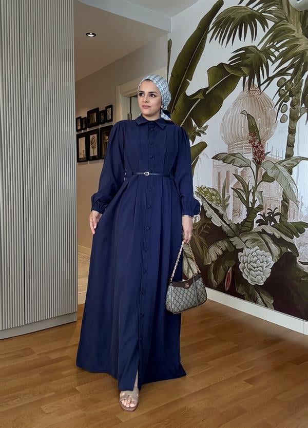 Top Düğmeli İthal Kumaş Kemerli Elbise – Romantik & Zarif Stil (38-46 Beden) Lacivert