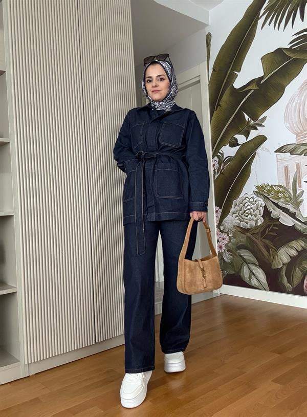 Cepli Denim Kuşaklı Ceket Takım Koyu Mavi