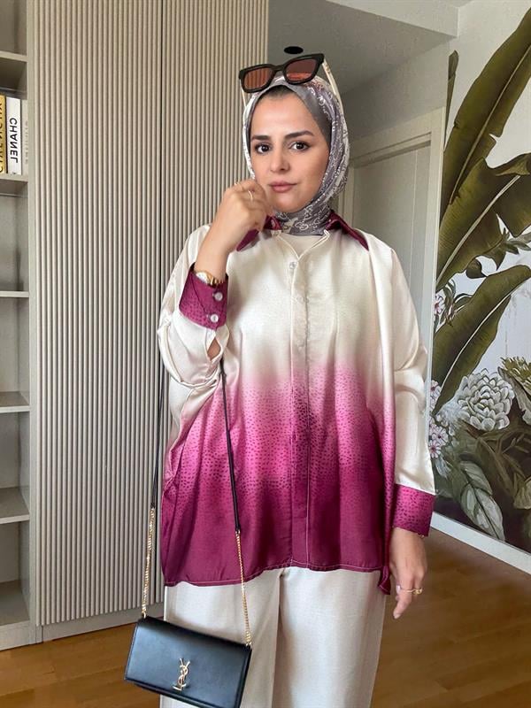 Saten Gömlek Renk Geçişli İkili Takım Pembe