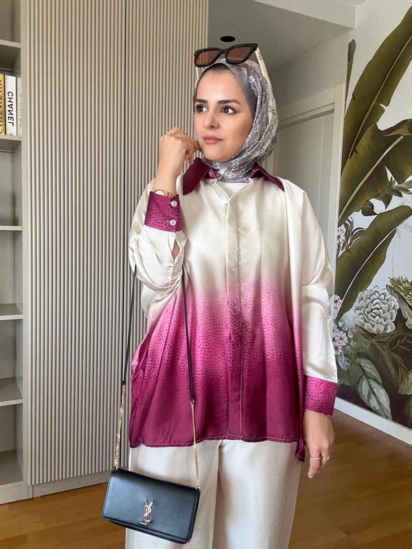 Saten Gömlek Renk Geçişli İkili Takım Pembe