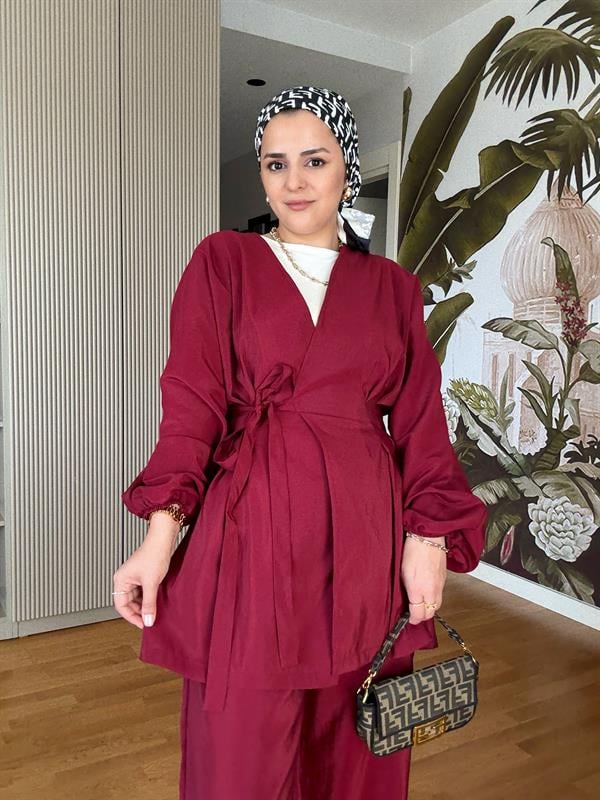 Yandan Bağlamalı Beli Pensli Pileli Modal Dokuma Takım Bordo