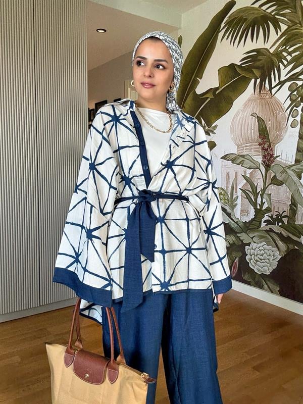 Çizgili Pamuk Keten Kimono Takım | Yazlık Rahat Tesettür İkili Takım Lacivert