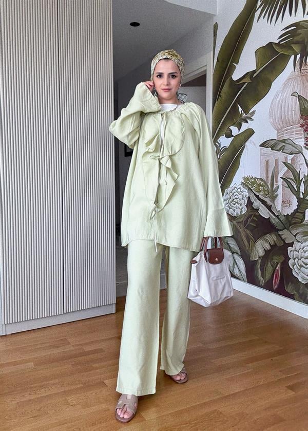 Fırfırlı Pamuklu Kimono Takım – Yazlık Dökümlü İkili Takım Yeşil