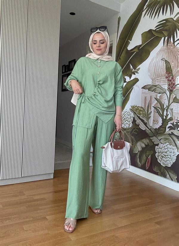 Büzgü Detaylı Çilek Pamuklu İkili Takım – Düğmeli Takım Yeşil