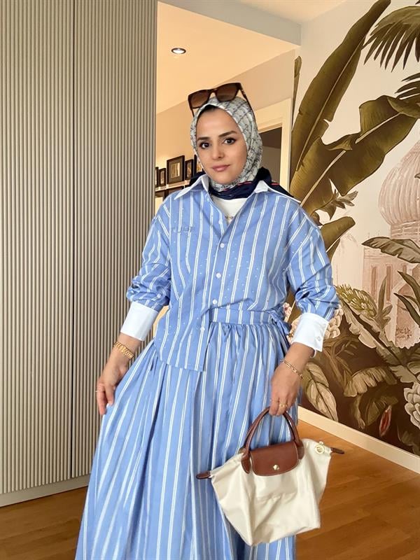 Çizgili Poplin Kumaş Etekli  Gömlekli Taş Detaylı Takım Mavi