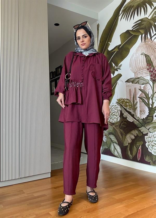 İncili Taşlı Tensel İkili Gömlek Takım Bordo
