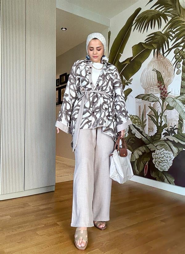 Yılan Desenli Pamuk Keten Kimono Takım | Yazlık Rahat Tesettür İkili Takım Vizon