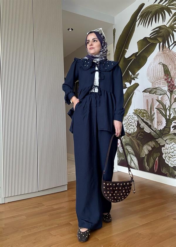 Keten Pamuklu Yakalı Taşlı Fırfırlı Kimona Takım Lacivert