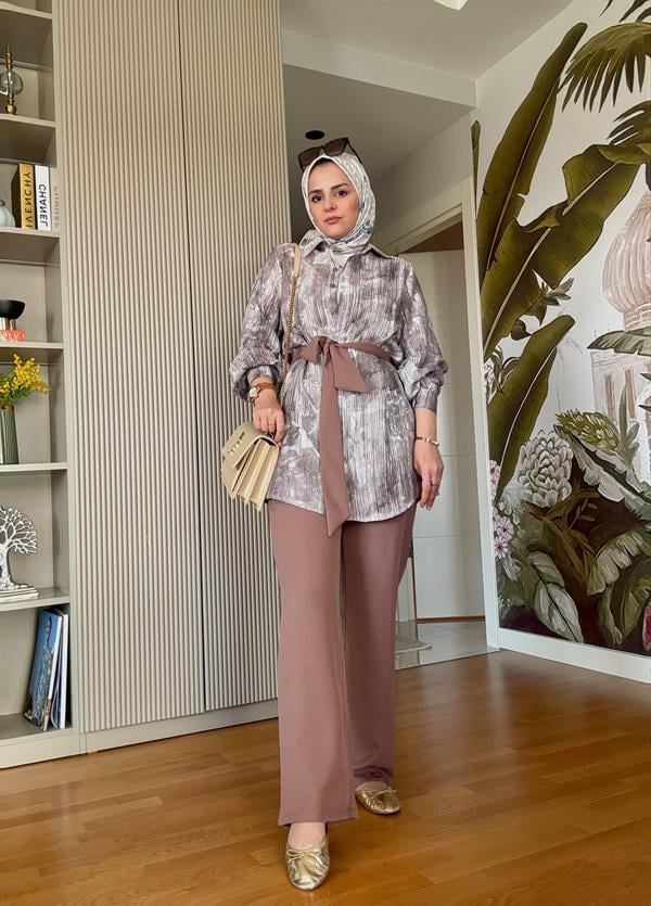 Bella Pamuklu Gömlek Desenli Krep  Pantolon Takım Vizon