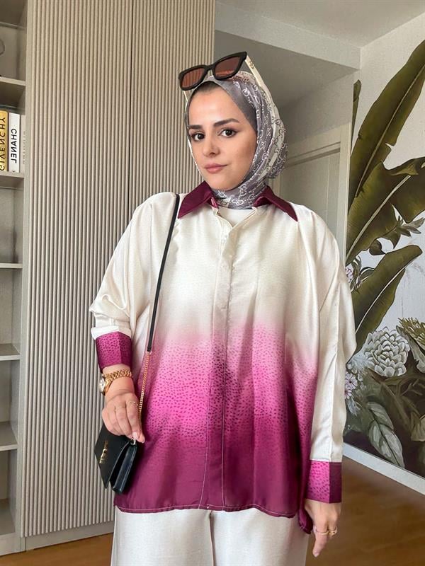 Saten Gömlek Renk Geçişli İkili Takım Pembe