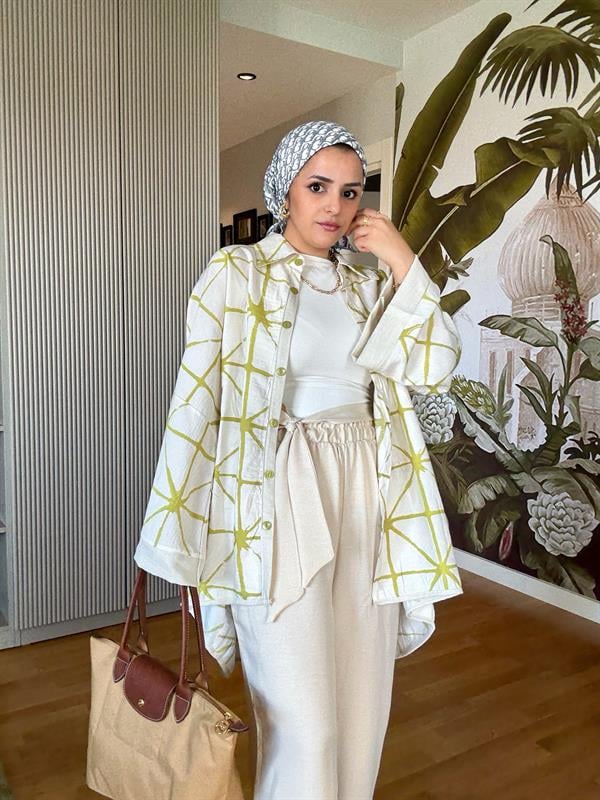 Çizgili Pamuk Keten Kimono Takım | Yazlık Rahat Tesettür İkili Takım Yağyeşil