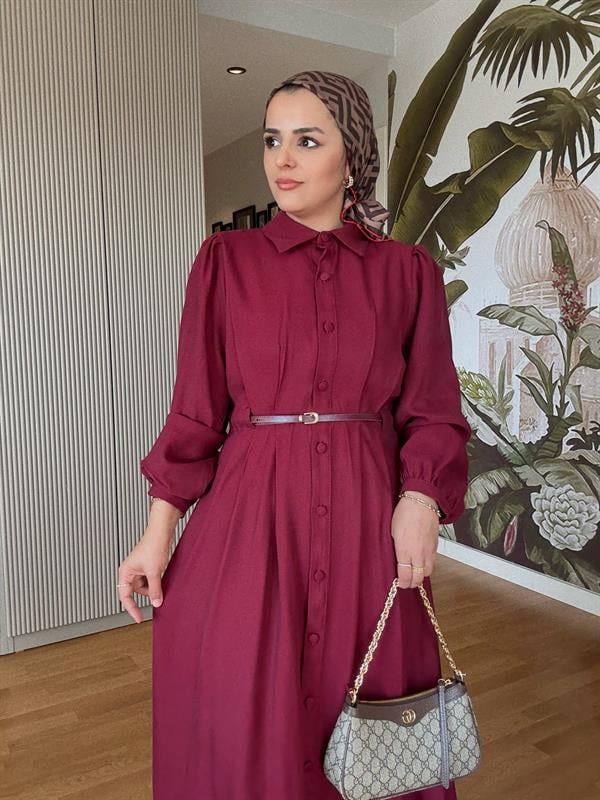 Top Düğmeli İthal Kumaş Kemerli Elbise – Romantik & Zarif Stil (38-46 Beden) Bordo