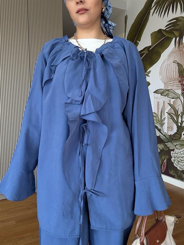 Fırfırlı Pamuklu Kimono Takım – Yazlık Dökümlü İkili Takım İndigomavi