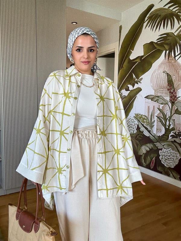 Çizgili Pamuk Keten Kimono Takım | Yazlık Rahat Tesettür İkili Takım Yağyeşil