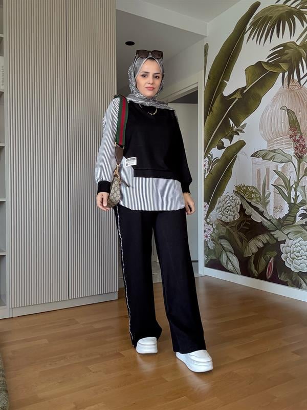 Modal Kumaş Gömlek Detaylı Tesettür İkili Takım - Rahat Kombin Siyah