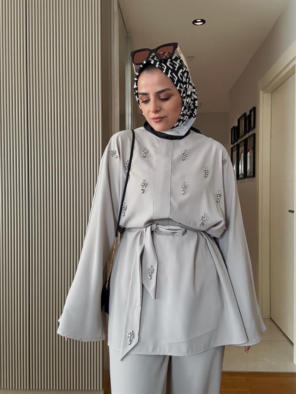 Taşlı Krep Kumaş Tunik İkili Takım Vizon