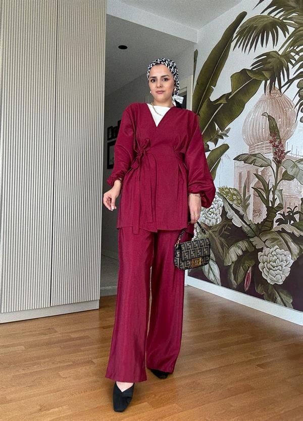 Yandan Bağlamalı Beli Pensli Pileli Modal Dokuma Takım Bordo