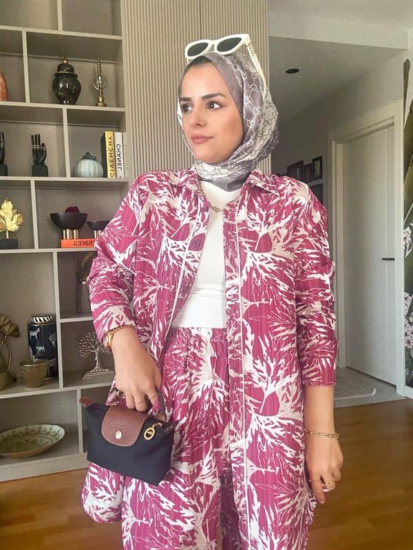 Pamuk Keten Desenli Biyeli Gömlek Takım Pembe