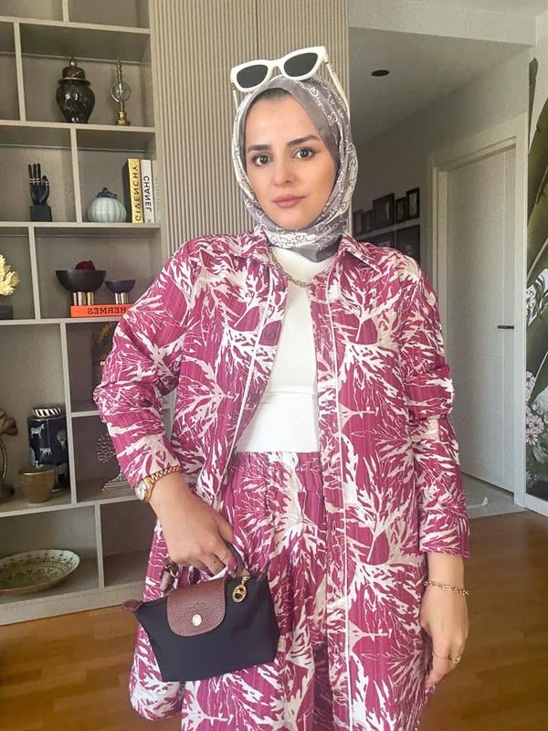 Pamuk Keten Desenli Biyeli Gömlek Takım Pembe