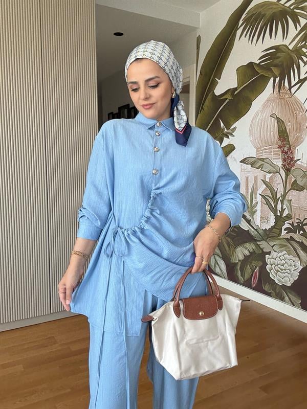 Büzgü Detaylı Çilek Pamuklu İkili Takım – Düğmeli Takım Mavi