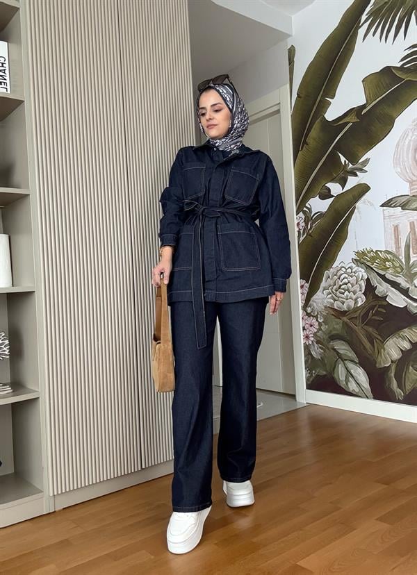 Cepli Denim Kuşaklı Ceket Takım Koyu Mavi