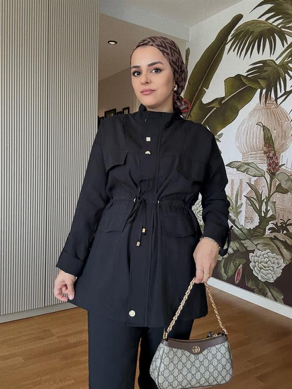 Fermuarlı Belden Büzgülü Giy-Çık Takım – İthal Dökümlü Kumaş Siyah