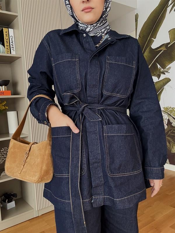 Cepli Denim Kuşaklı Ceket Takım Koyu Mavi