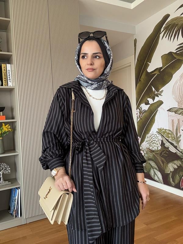 Çizgili Kuşaklı Pamuklu Gömlek Takım Siyah