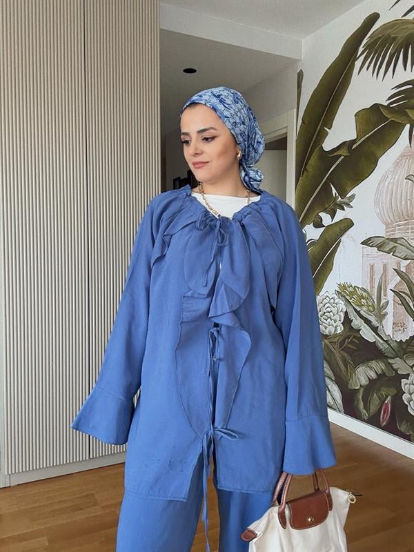 Fırfırlı Pamuklu Kimono Takım – Yazlık Dökümlü İkili Takım İndigomavi