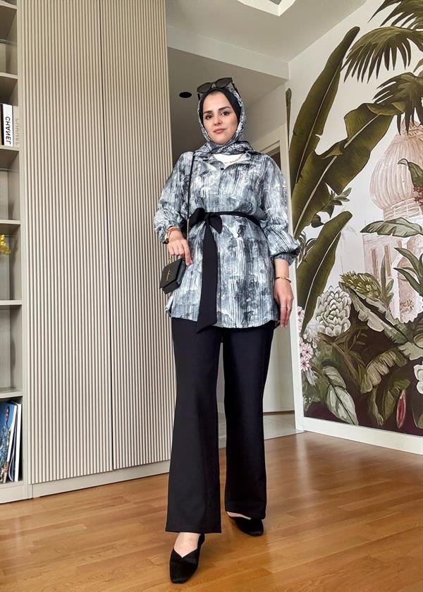 Bella Pamuklu Gömlek Desenli Krep  Pantolon Takım Siyah