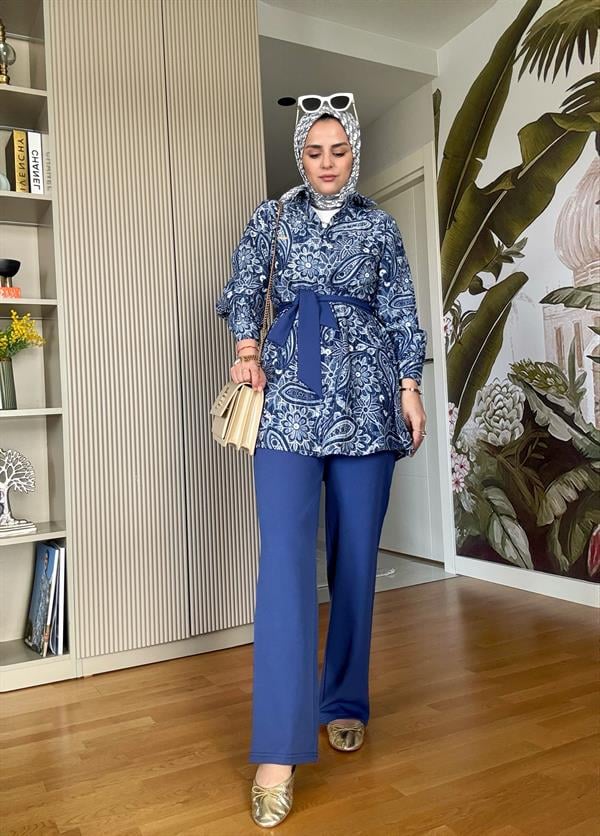 Bahar Pamuklu Gömlek Desenli Krep  Pantolon Takım Mavi