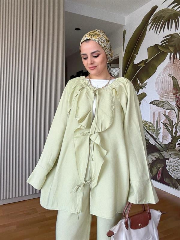 Fırfırlı Pamuklu Kimono Takım – Yazlık Dökümlü İkili Takım Yeşil