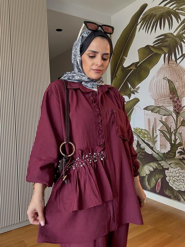 İncili Taşlı Tensel İkili Gömlek Takım Bordo