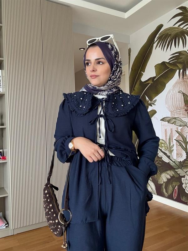 Keten Pamuklu Yakalı Taşlı Fırfırlı Kimona Takım Lacivert