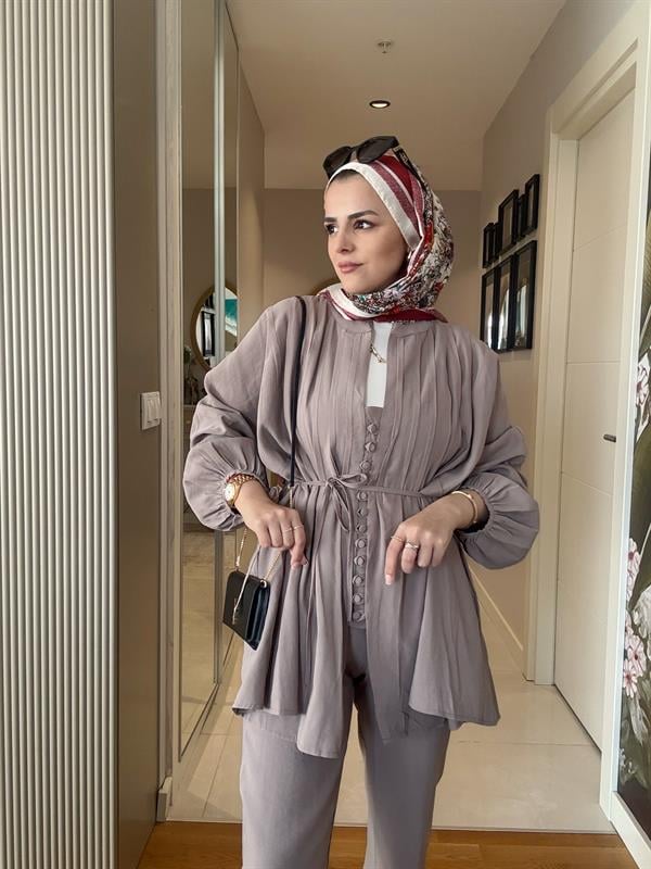 Roza Düğmeli İthal Dokuma Kumaş Gömlekli İkili Takım Vizon