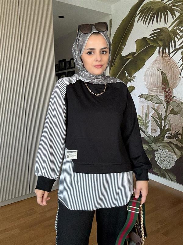 Modal Kumaş Gömlek Detaylı Tesettür İkili Takım - Rahat Kombin Siyah