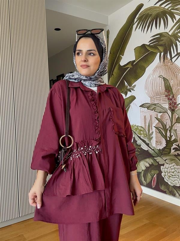 İncili Taşlı Tensel İkili Gömlek Takım Bordo