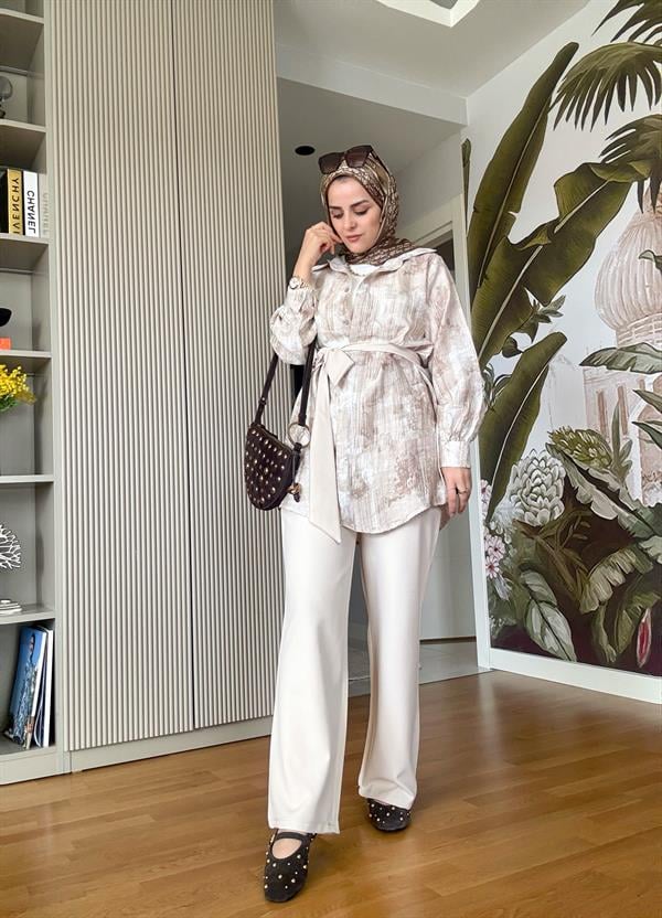 Bella Pamuklu Gömlek Desenli Krep  Pantolon Takım Bej