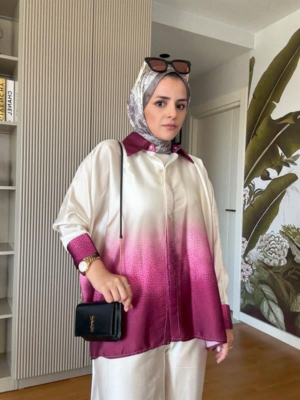 Saten Gömlek Renk Geçişli İkili Takım Pembe